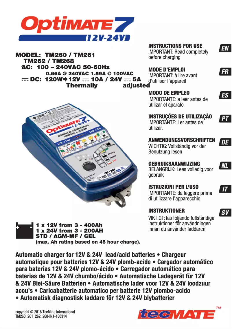 Page n°1 - Manuel utilisateur Tecmate Optimate 7