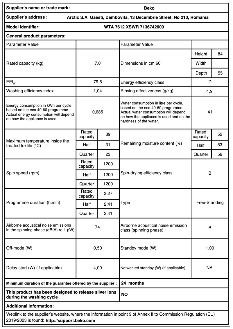 Page 1 de la notice Brochure Beko WTA 7612 XSWR