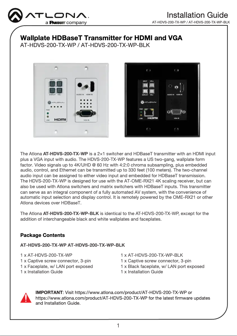 Image de la première page du manuel de l'appareil AT-HDVS-200-TX-WP-BLK