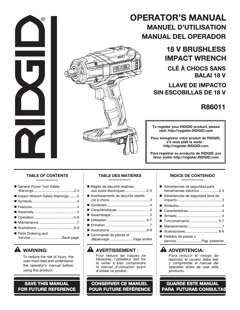 Page 1 de la notice Manuel utilisateur Ridgid R86011