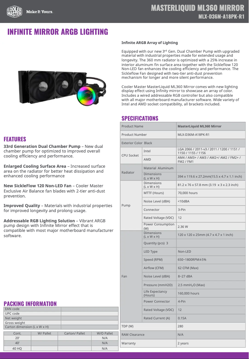 Page n°1 - Manuel utilisateur Cooler Master Masterliquid ML360 Mirror