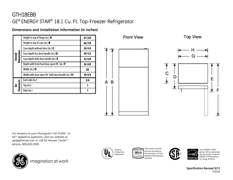 Página 1 del manual Ficha técnica GE GTH18EBBBB