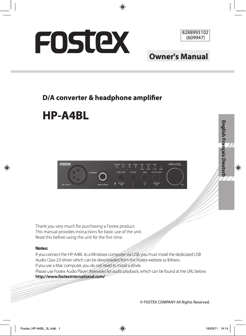 Page n°1 - Manuel utilisateur Fostex HP-A4BL
