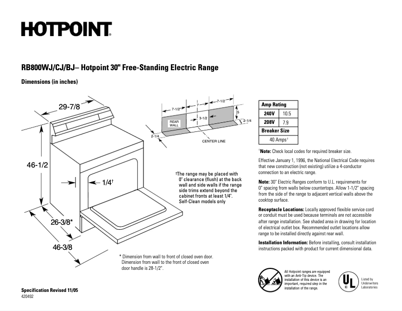 Page 1 de la notice Fiche technique Hotpoint RB800CJCC