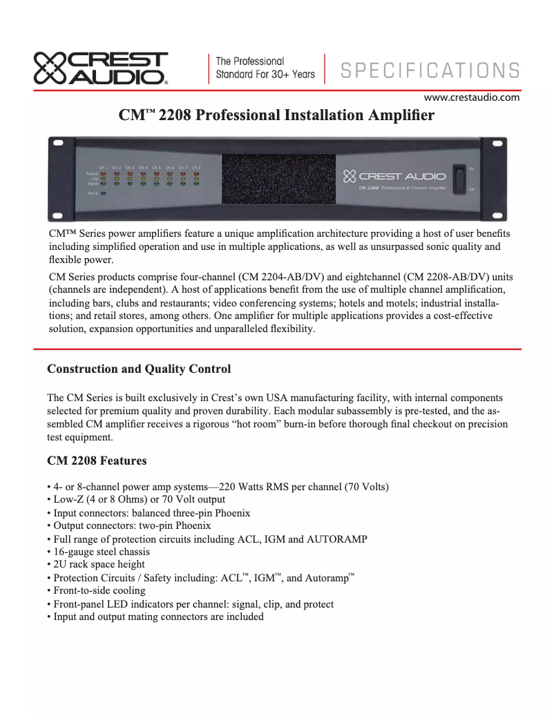 Page 1 de la notice Fiche technique Crest Audio CM 2208