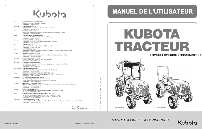 Page 1 de la notice Manuel utilisateur Kubota LX3310
