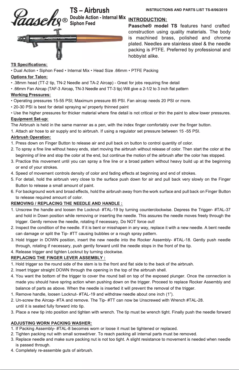 Page 1 de la notice Manuel utilisateur Paasche TS-1AS