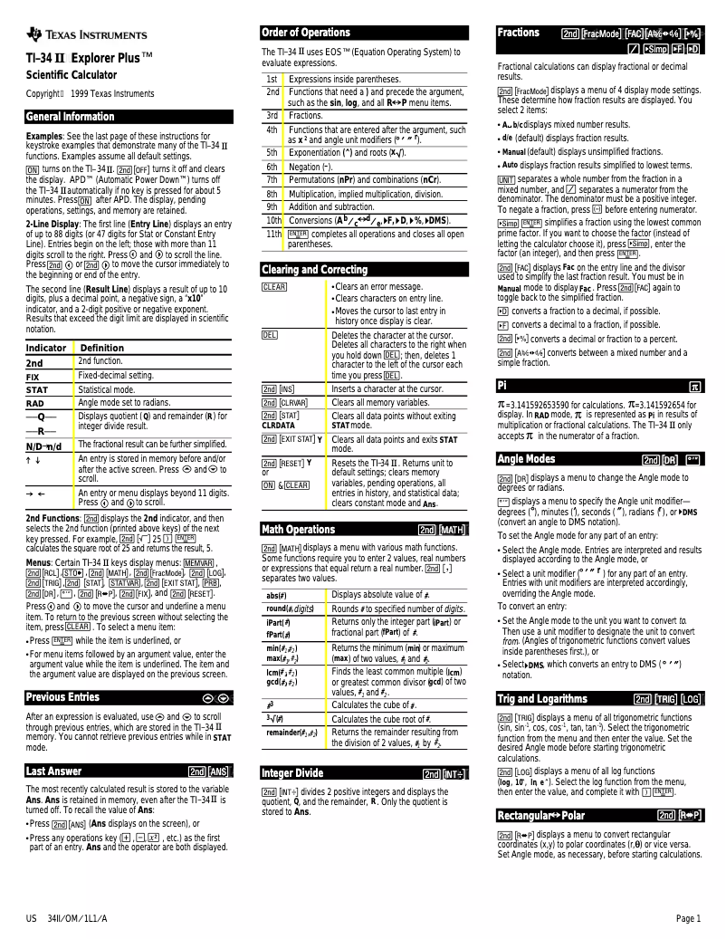 Page 1 de la notice Manuel utilisateur Texas Instruments TI-34 II Explorer Plus