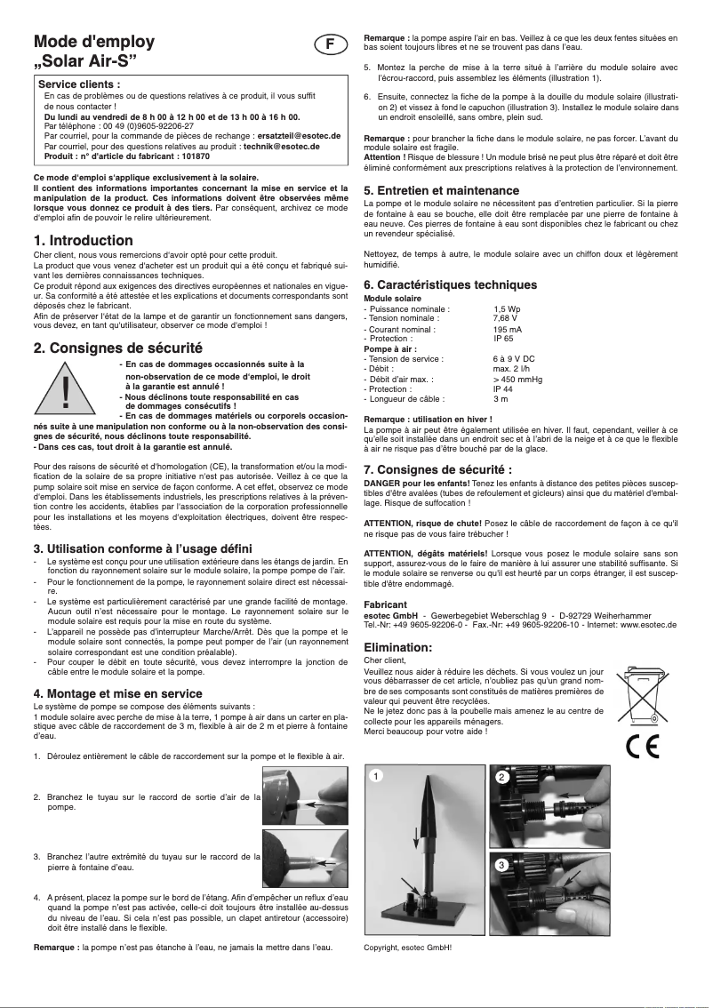 Page 1 de la notice Manuel utilisateur Esotec Solar Air-S