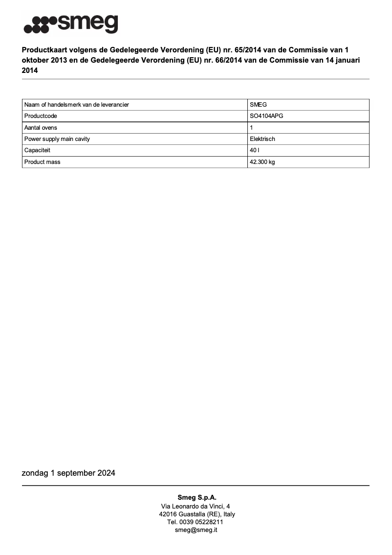 Page n°1 - Fiche technique Smeg SO4104APG