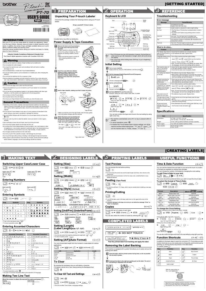 Page n°1 - Manuel utilisateur Brother P-touch PT-70SR