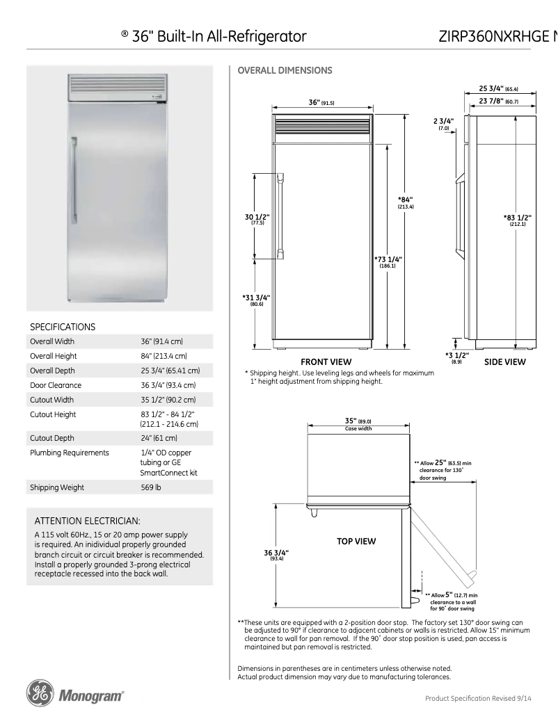 Page 1 de la notice Fiche technique GE ZIRP360NXRH