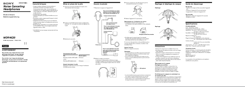 Page 1 de la notice Manuel utilisateur Sony MDR-NC20