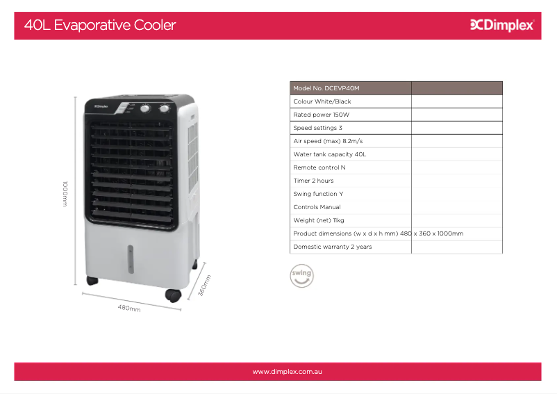 Página 1 del manual Ficha técnica Dimplex DCEVP40M