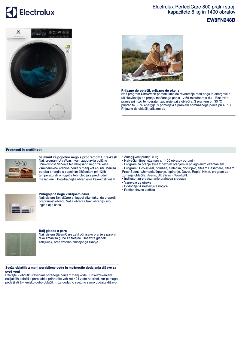 Page 1 de la notice Fiche technique Electrolux EW8FN248B