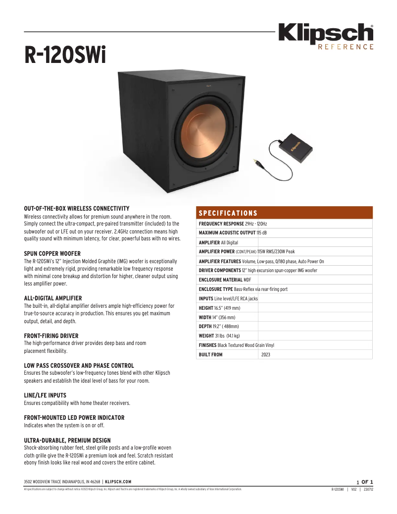 Page 1 de la notice Fiche technique Klipsch R-120SWi