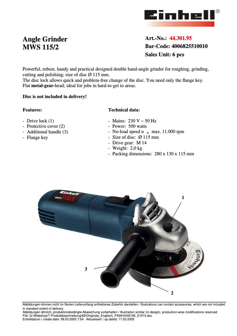 Page 1 de la notice Fiche technique Einhell MWS 115/2