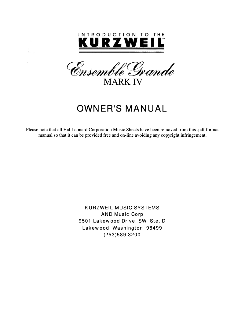 Página 1 del manual Manual de usuario Kurzweil Ensemble Grande Mark III