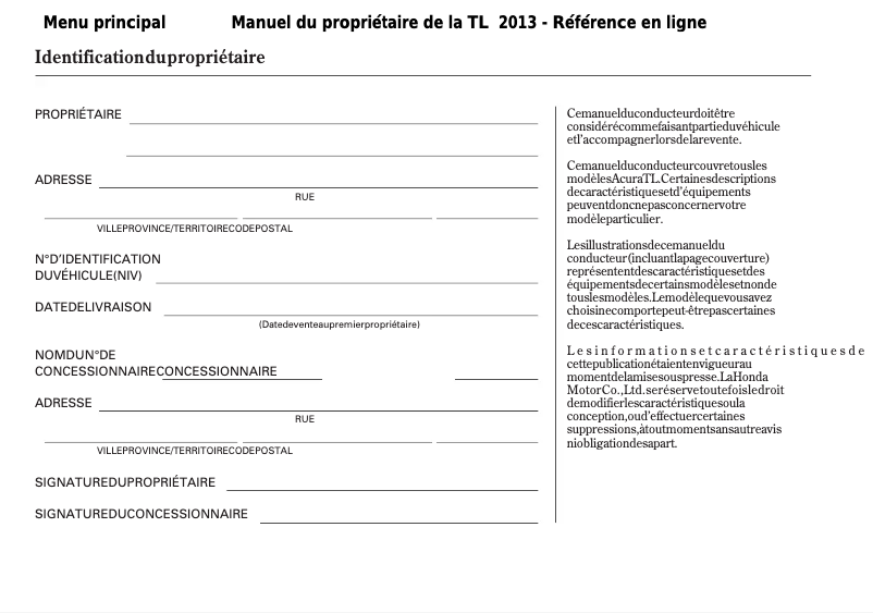 Page 1 de la notice Manuel utilisateur Acura TL (2013)