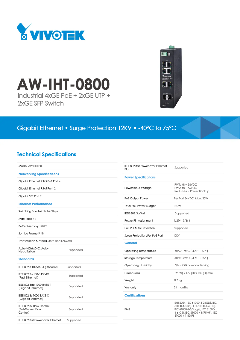 Page 1 de la notice Fiche technique Vivotek AW-IHT-0800