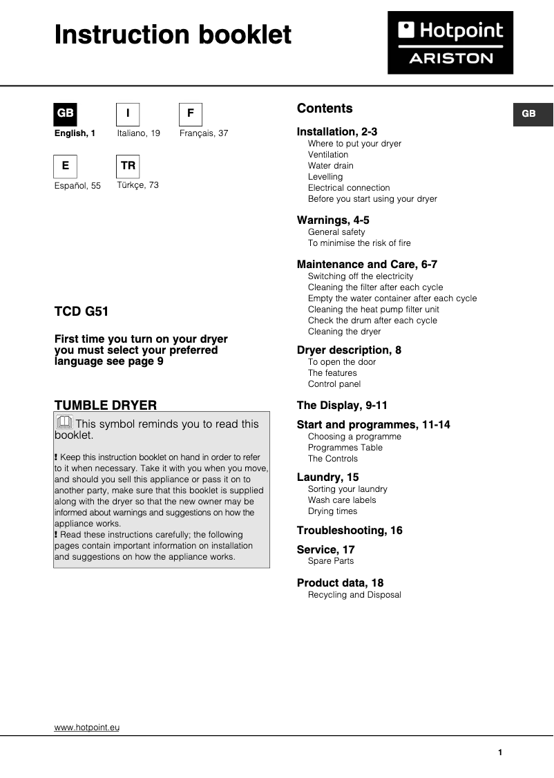 Image de la première page du manuel de l'appareil TCD G51 XB K (EU)