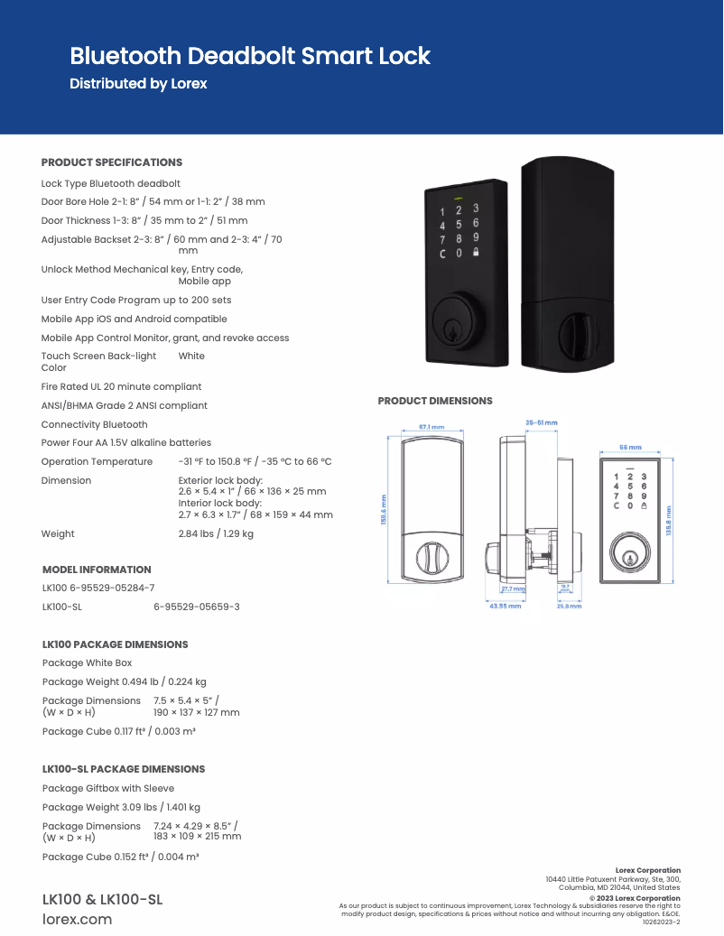 Página 1 del manual Ficha técnica Lorex LK100