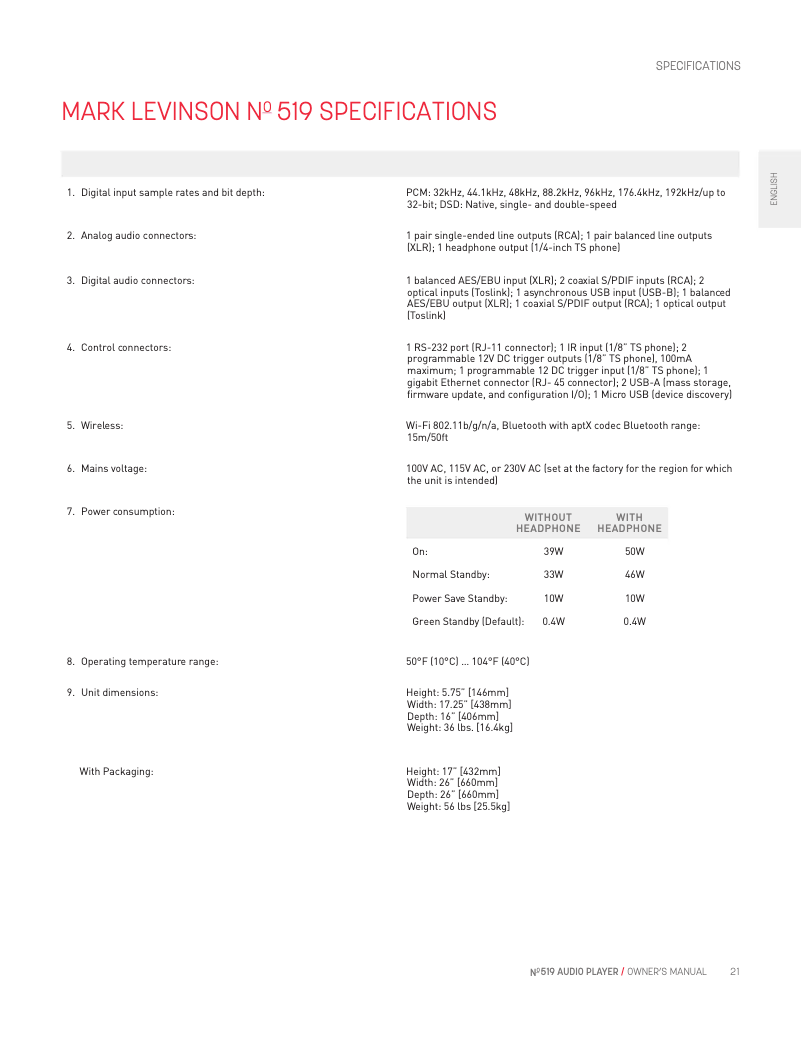 Page 1 de la notice Fiche technique Mark Levinson NO519