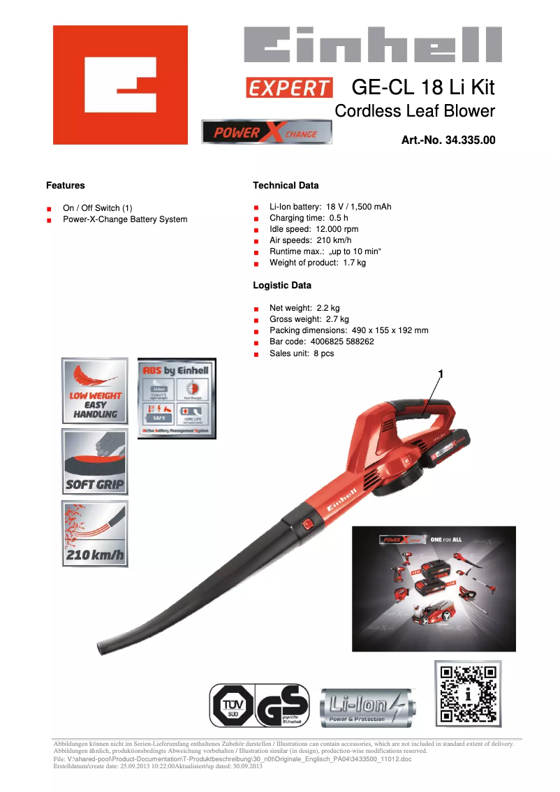 Page n°1 - Fiche technique Einhell GE-CL 18 Li Kit