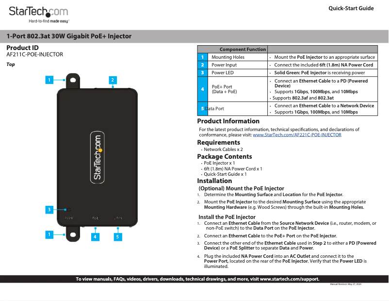 Page 1 de la notice Manuel utilisateur StarTech.com AF211C-POE-INJECTOR