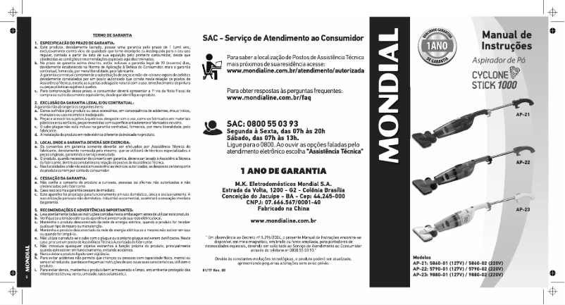 Page 1 de la notice Manuel utilisateur Mondial Cyclone Stick 1000 AP-22