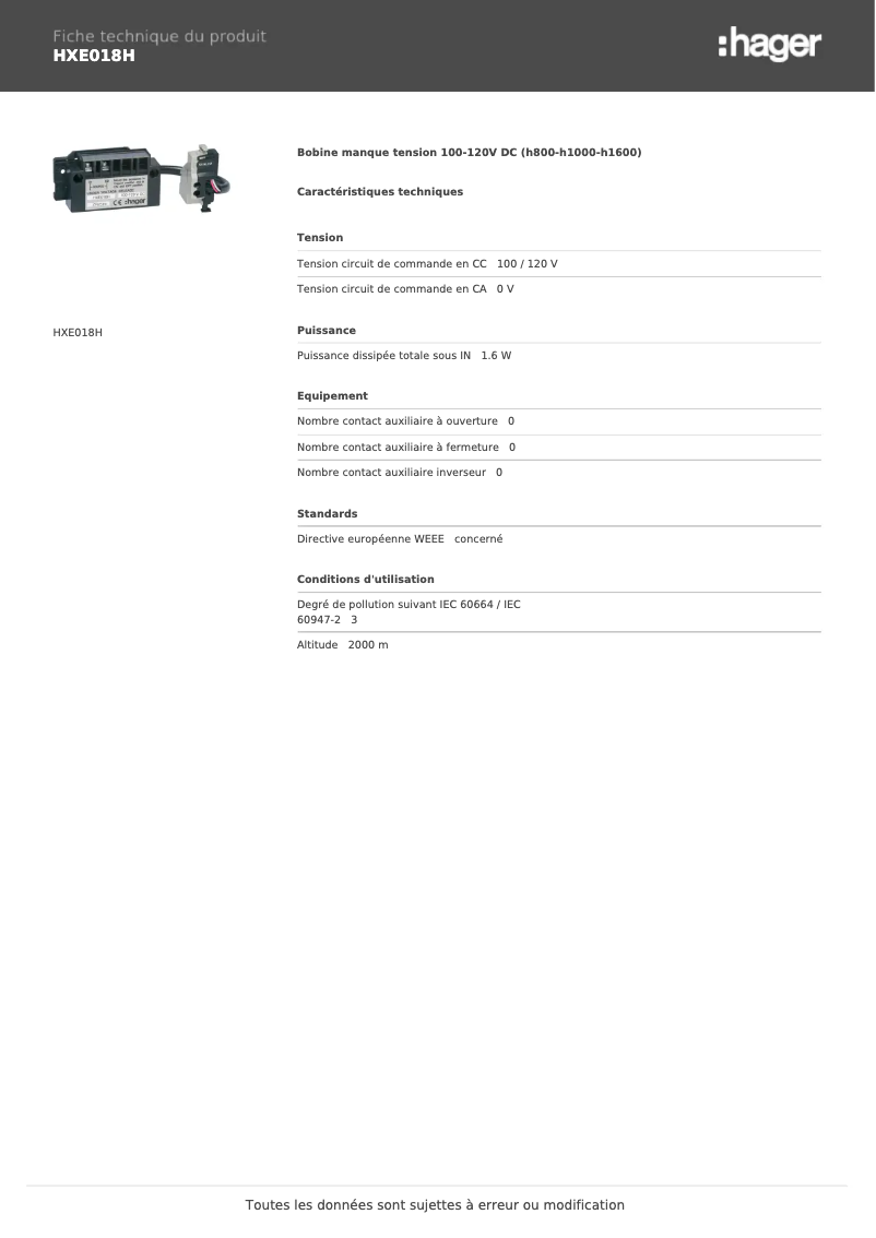 Page 1 de la notice Manuel utilisateur Hager HXE018H