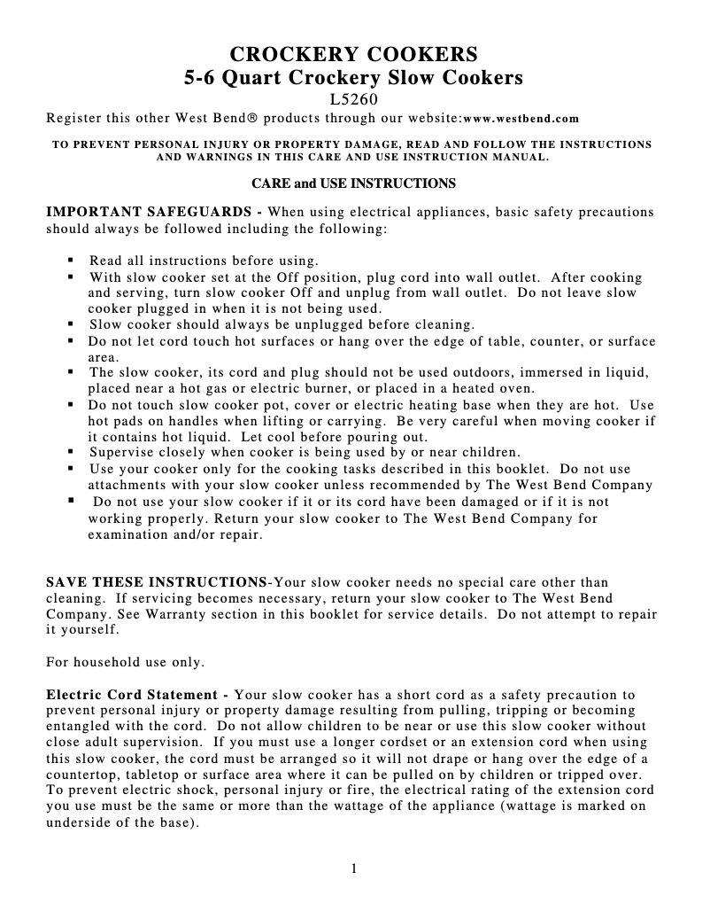 Page 1 de la notice Manuel utilisateur WestBend 84306