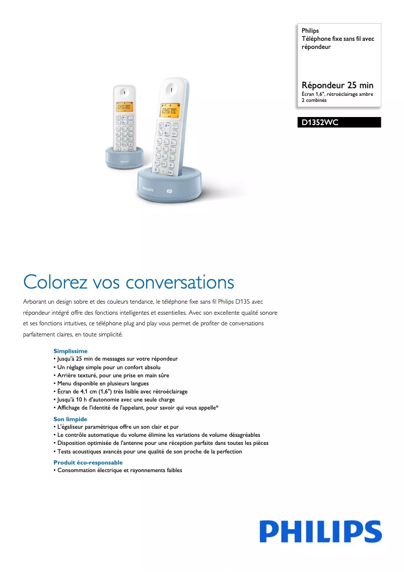 Página 1 del manual Ficha técnica Philips D1352WC