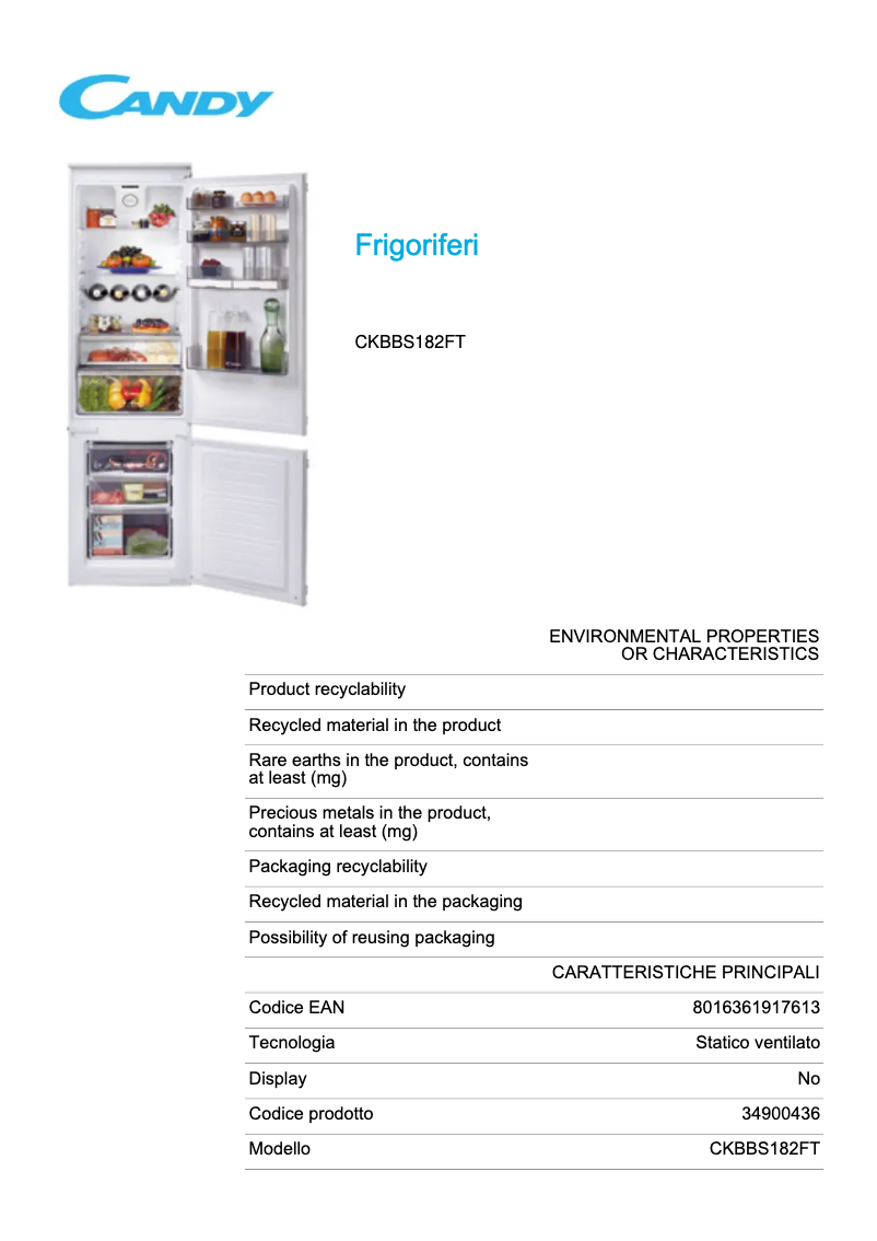 Page 1 de la notice Fiche technique Candy CKBBS182FT