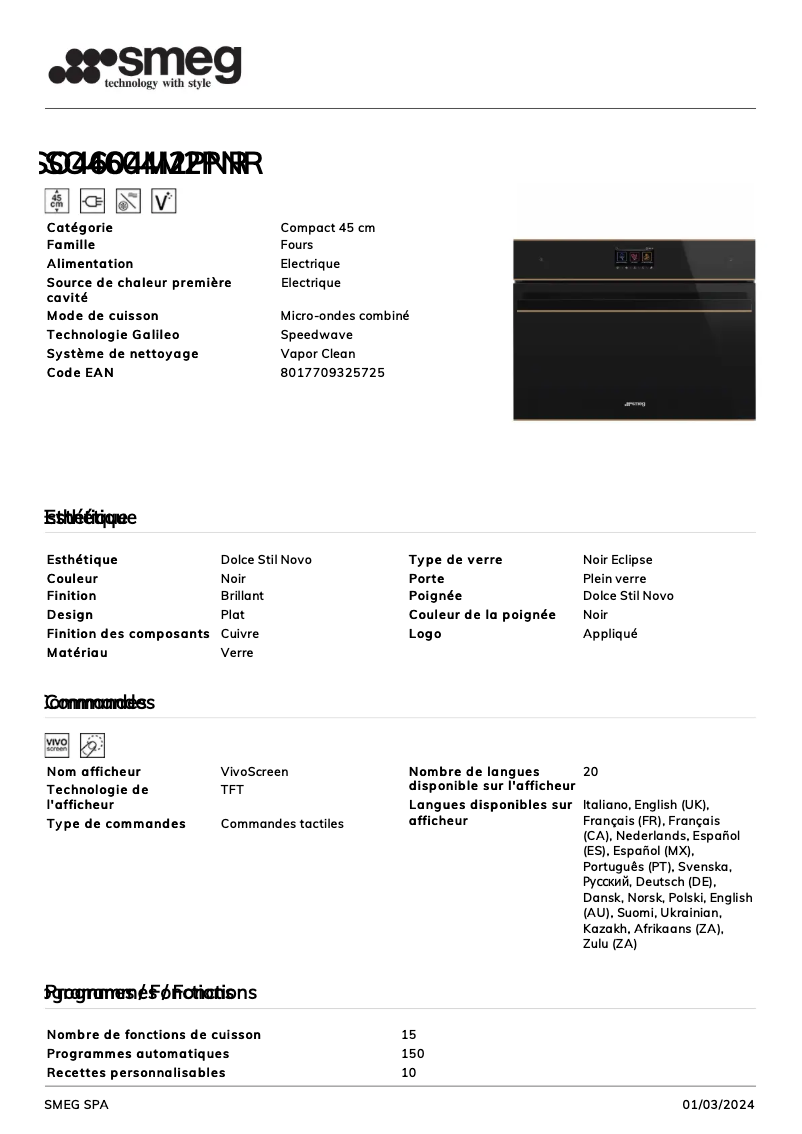 Página 1 del manual Ficha técnica Smeg SO4604M2PNR