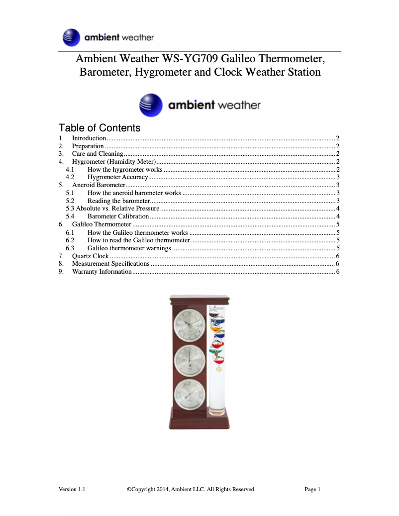 Page 1 de la notice Manuel utilisateur Ambient Weather WS-YG709