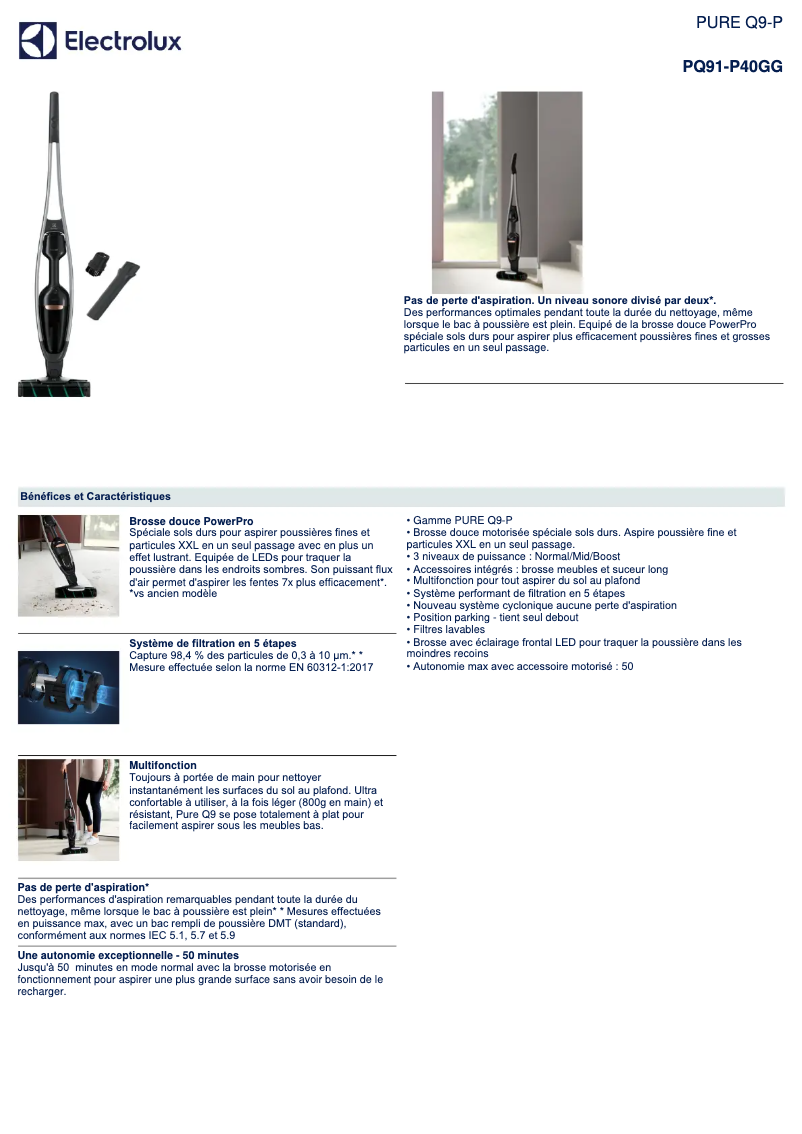 Page 1 de la notice Fiche technique Electrolux Pure Q9 PQ91-P40GG