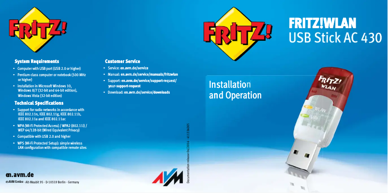 Page 1 de la notice Manuel utilisateur AVM FRITZ!WLAN Stick AC 430