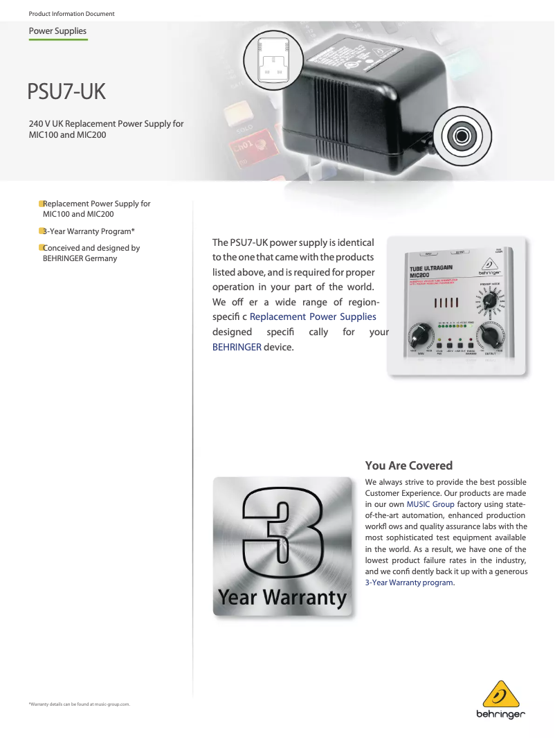 Page n°1 - Manuel utilisateur Behringer PSU7-UK