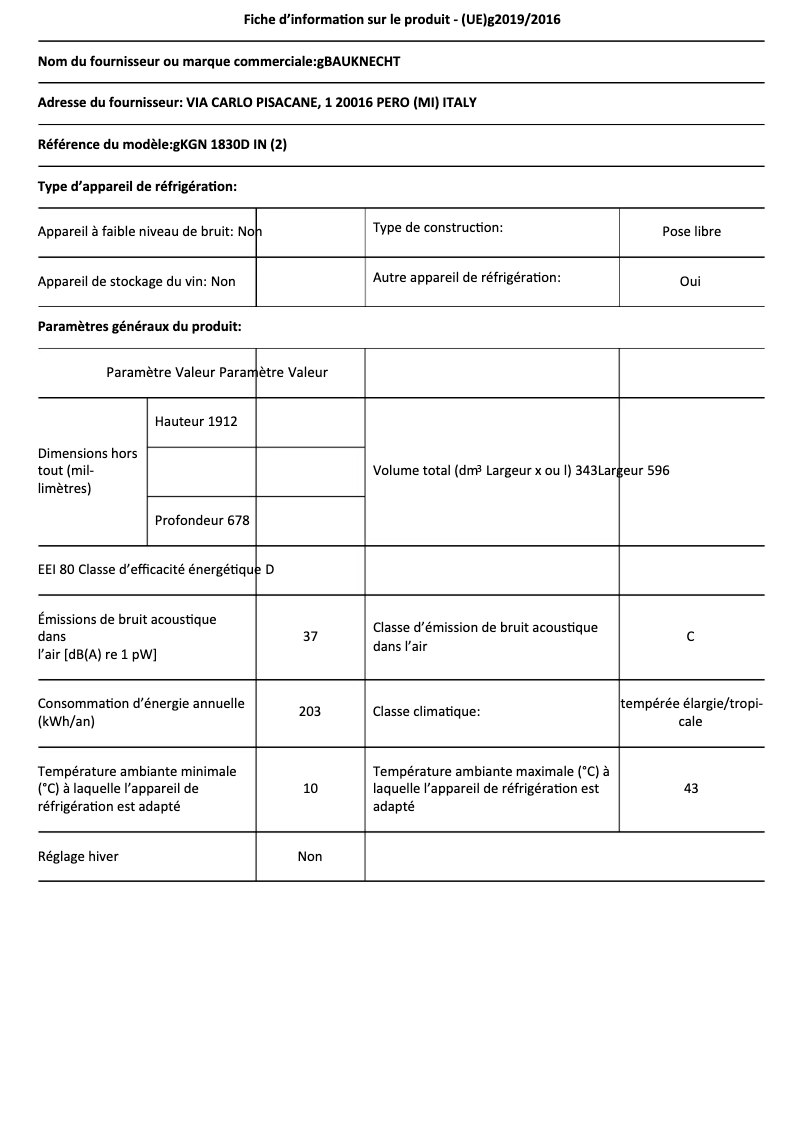 Page 1 de la notice Fiche technique Bauknecht KGN 1830D IN