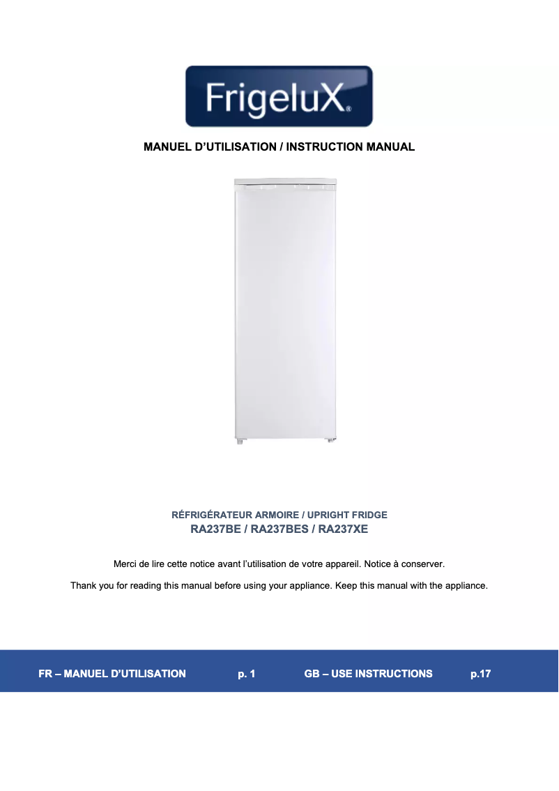 Page n°1 - Manuel utilisateur FrigeluX RA237BE