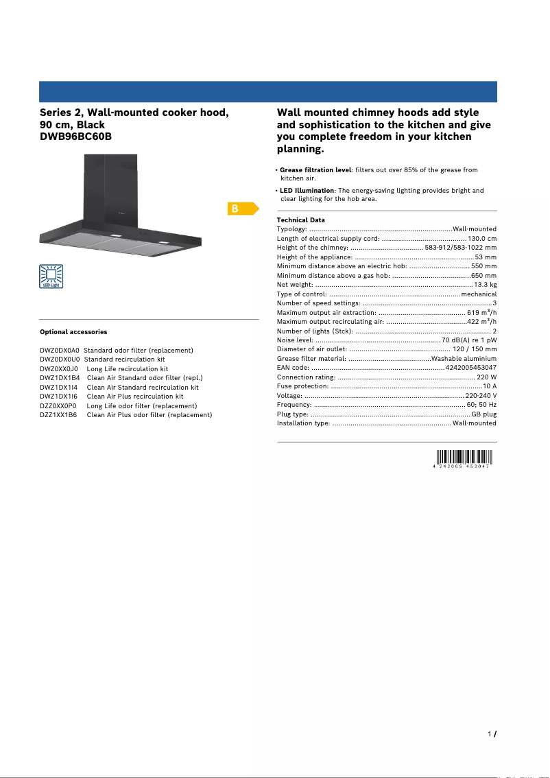 Page 1 de la notice Fiche technique Bosch DWB96BC60B