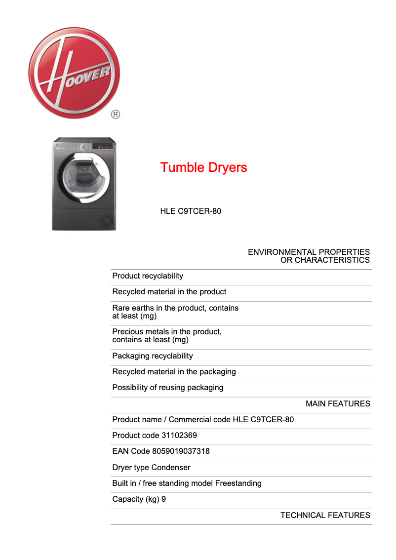 Page 1 de la notice Fiche technique Hoover HLE C9TCER-80