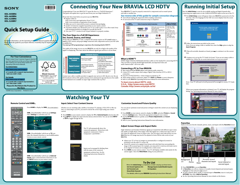 Page 1 de la notice Guide d'installation Sony Bravia KDL-52XBR7