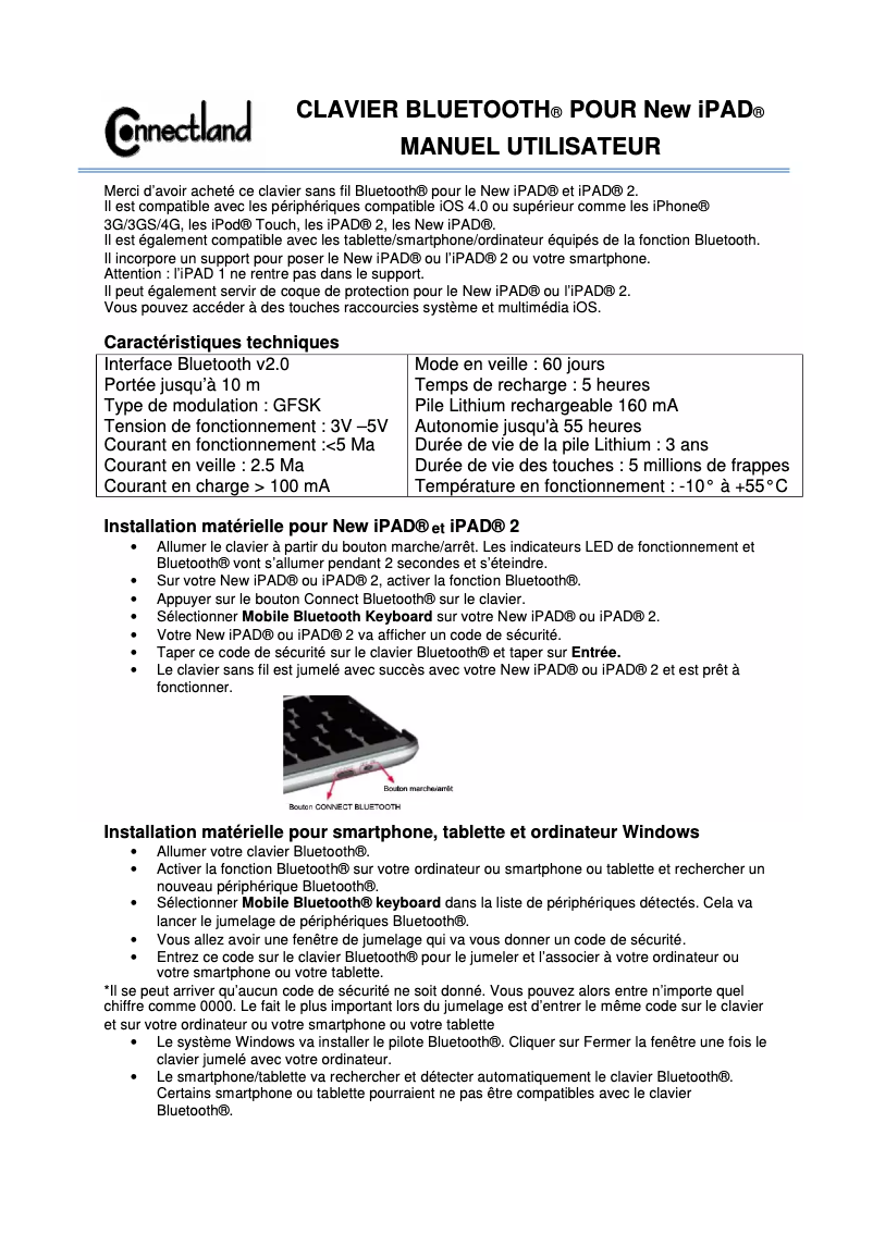 Page n°1 - Manuel utilisateur Connectland CL-PKB108