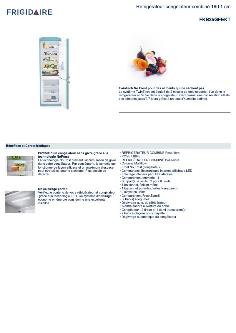 Page 1 de la notice Fiche technique Electrolux FKB35GFEKT