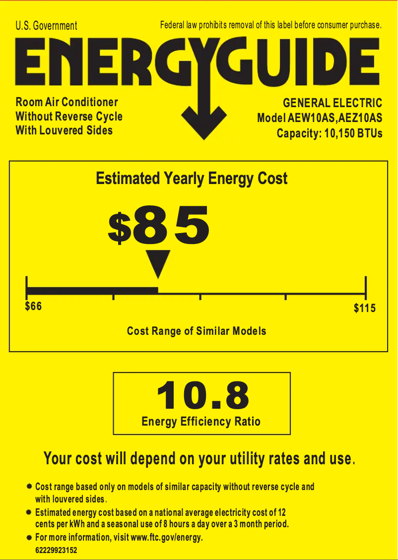 Page 1 de la notice Label énergétique GE AEZ10AS