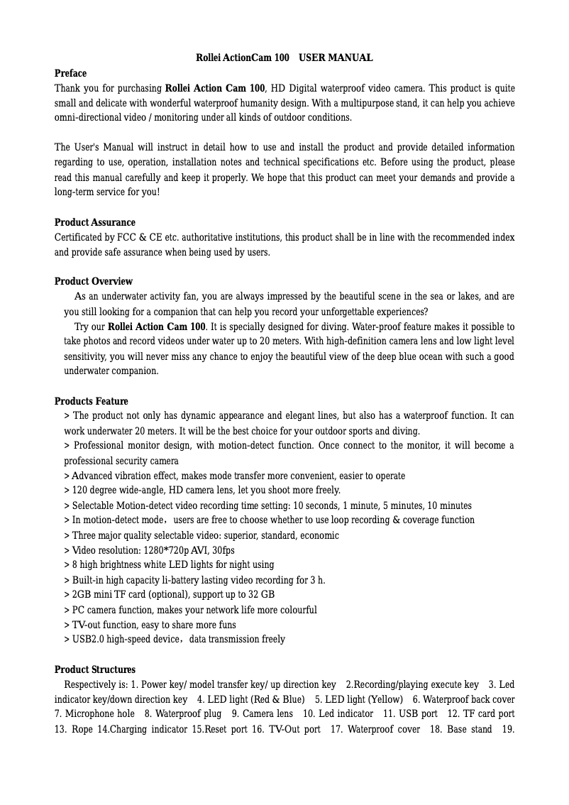 Page 1 de la notice Manuel utilisateur Rollei ActionCam 100