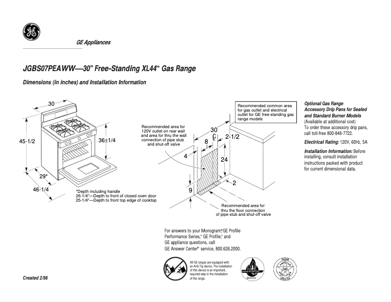 Page 1 de la notice Fiche technique GE JGBS07PEAWW