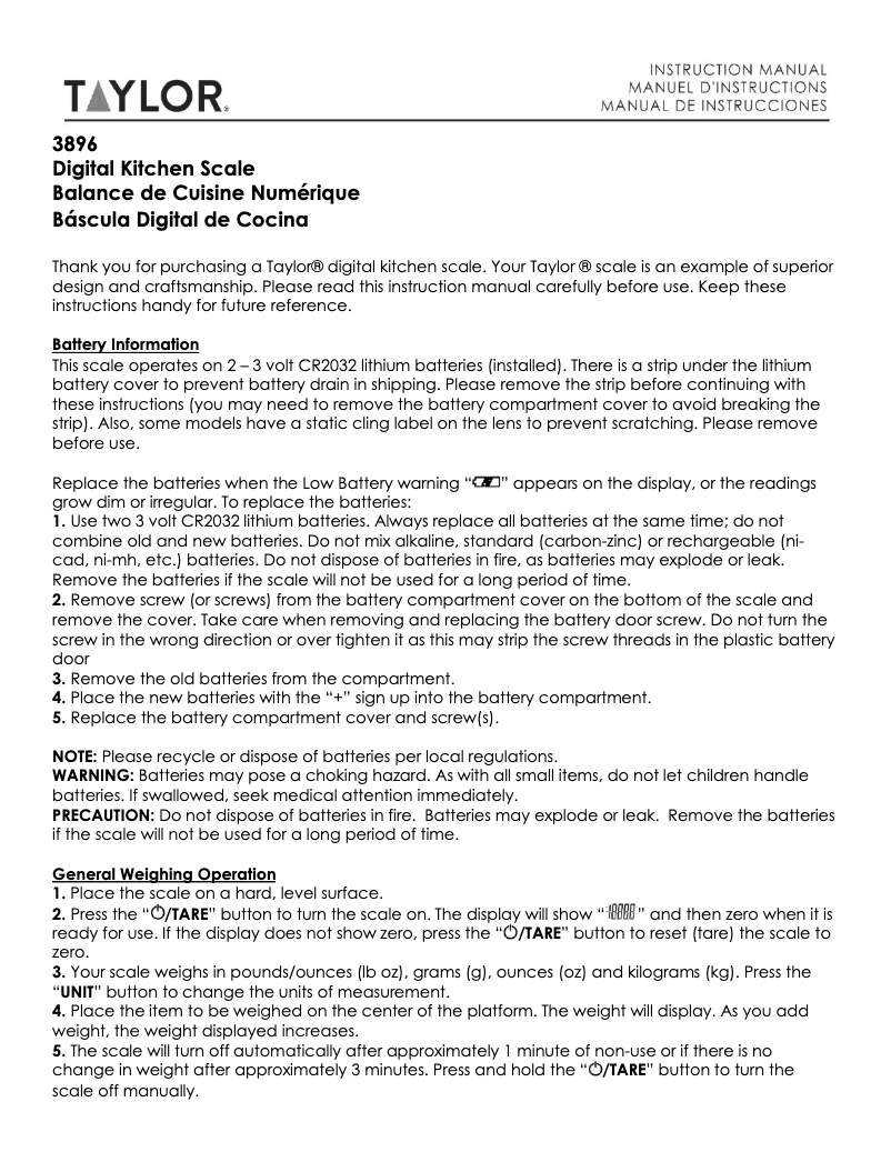 Página 1 del manual Manual de usuario Taylor 3896